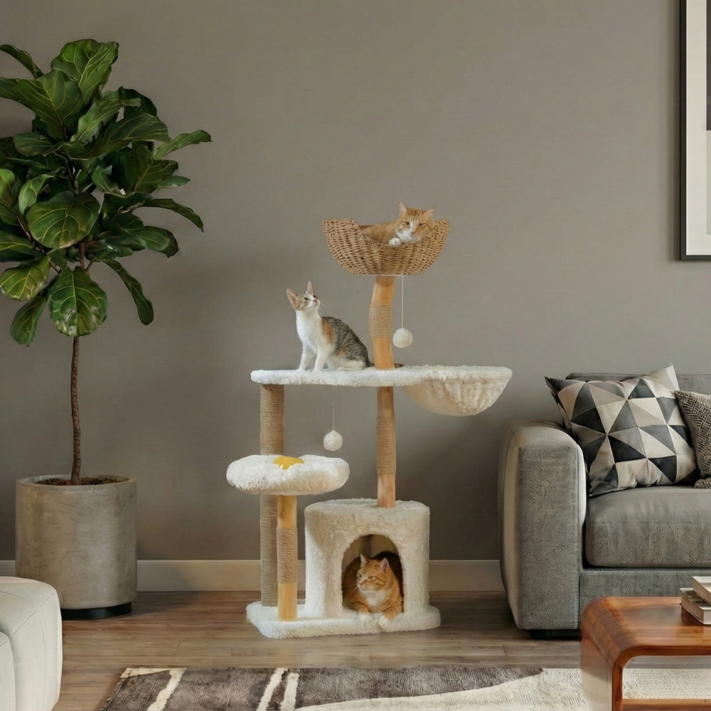 Petit arbre à chat design luxe bois et tissu blanc dans salon moderne