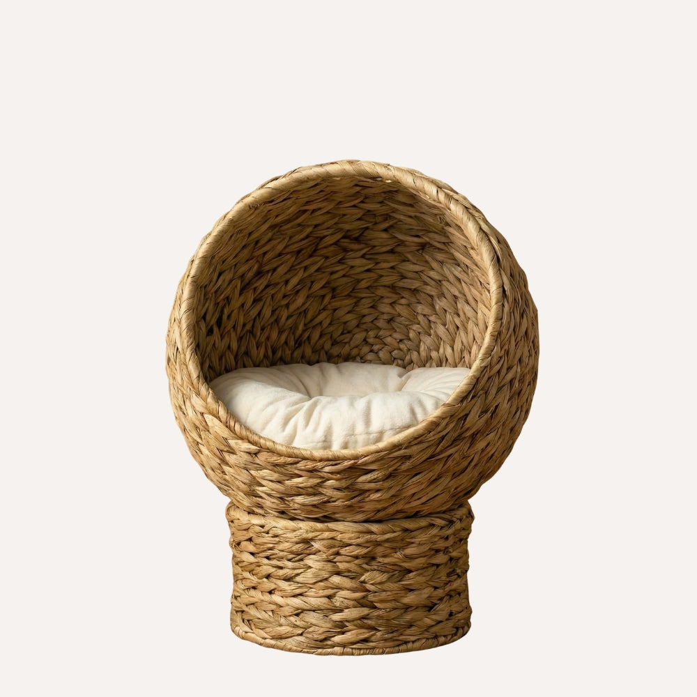 Lit chat surélevé design Tulum en feuille de bananier dans un fond blanc