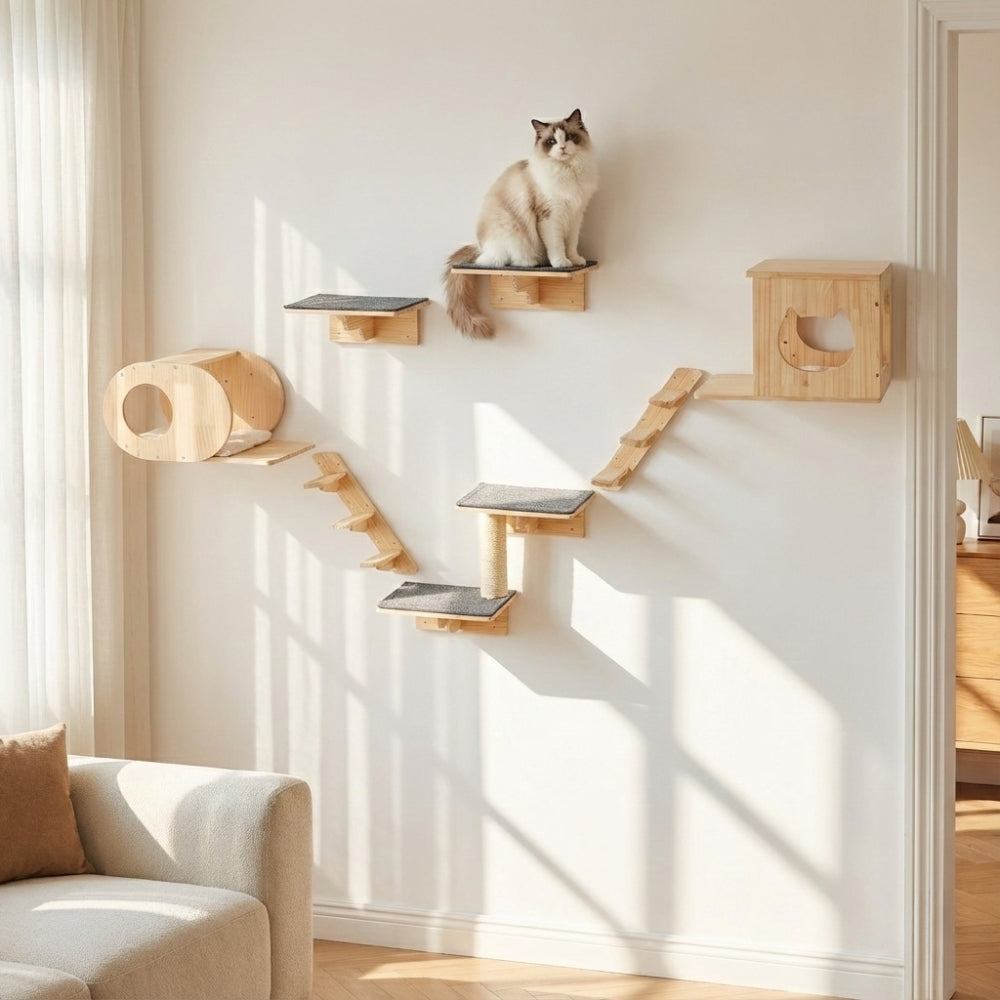 Parcours mural chat design complet L'Odyssée en bois massif sur mur blanc salon. Image