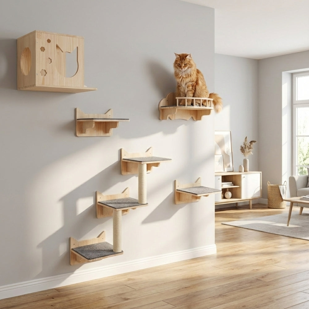 Arbre à chat mural complet L'Ascension en bois de pin et sisal fixé au mur salon moderne.