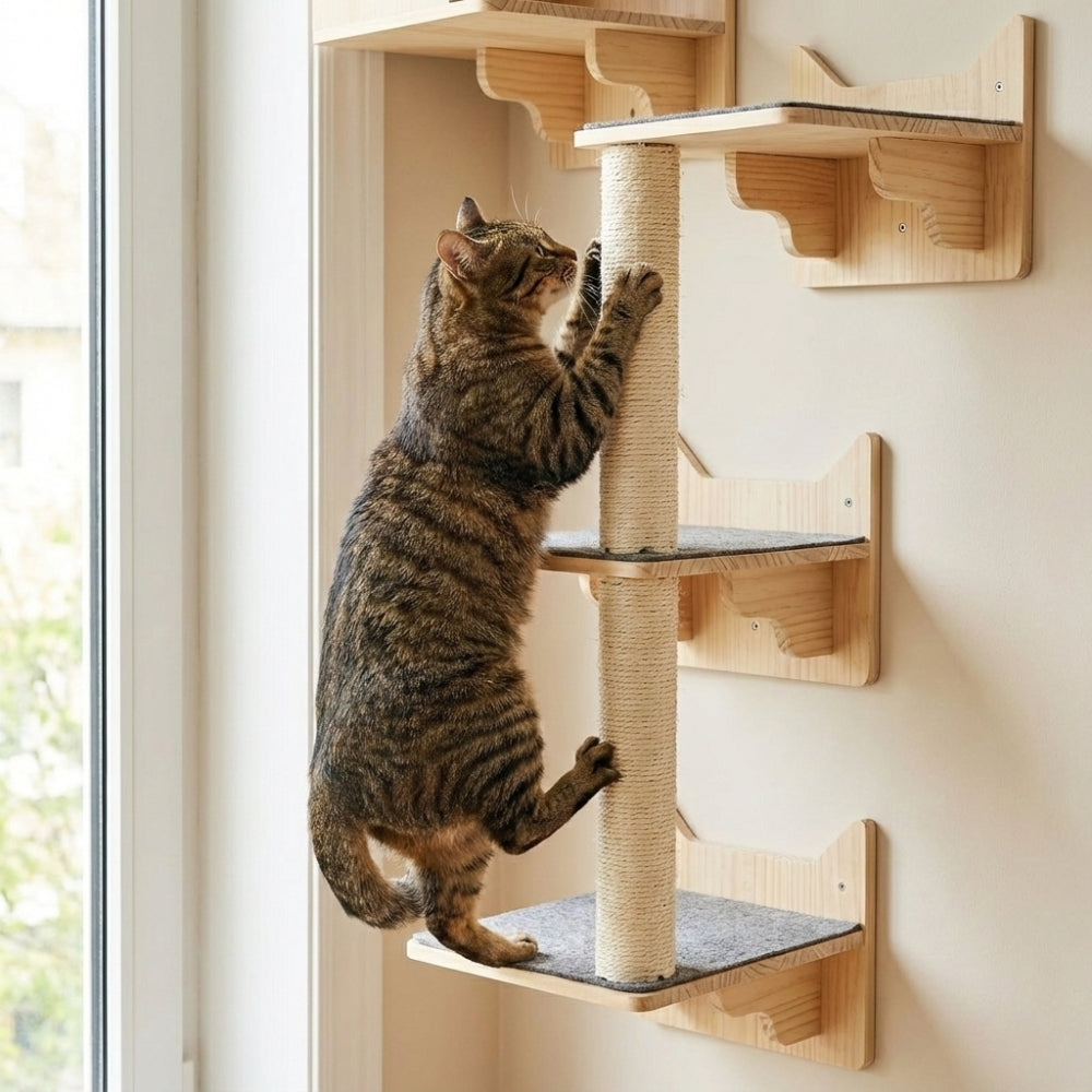 Chat qui fait ses griffes sur le poteau vertical en sisal du parcours mural L'Ascension.