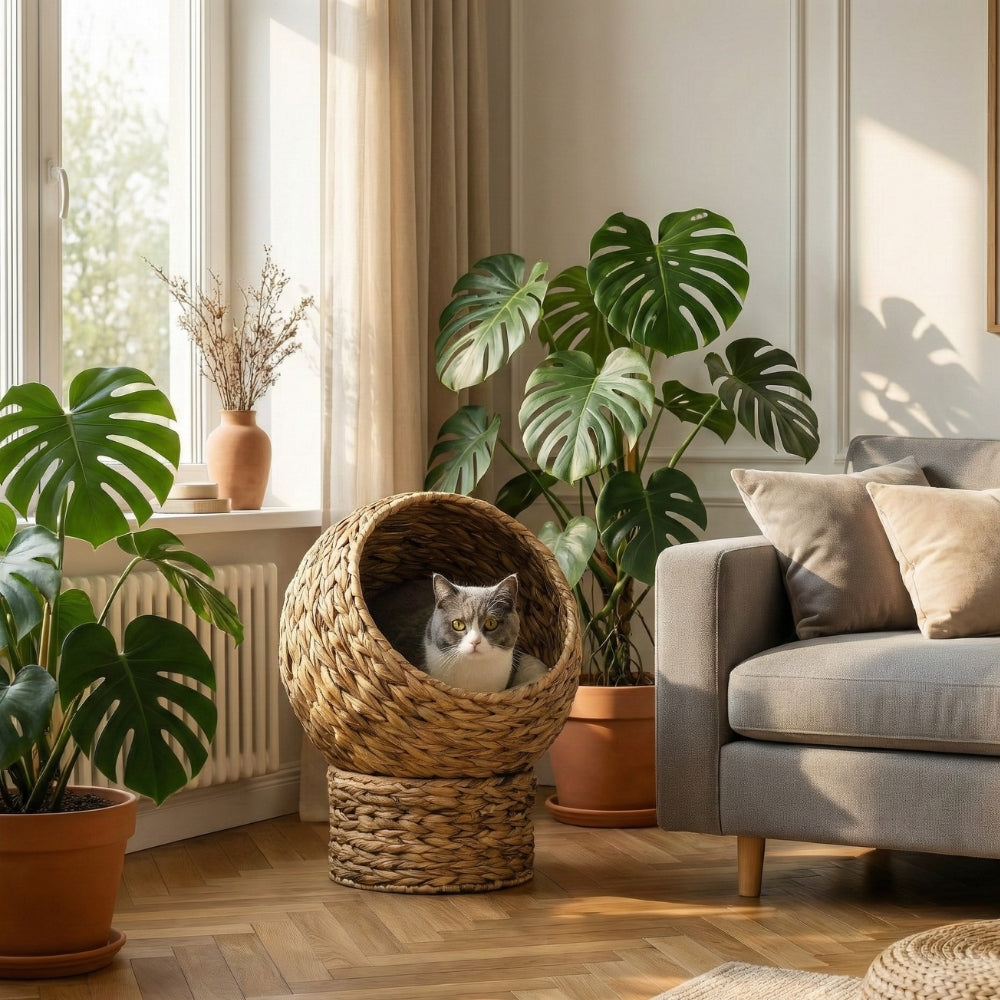 Lit chat surélevé design Tulum en feuille de bananier dans un salon moderne.