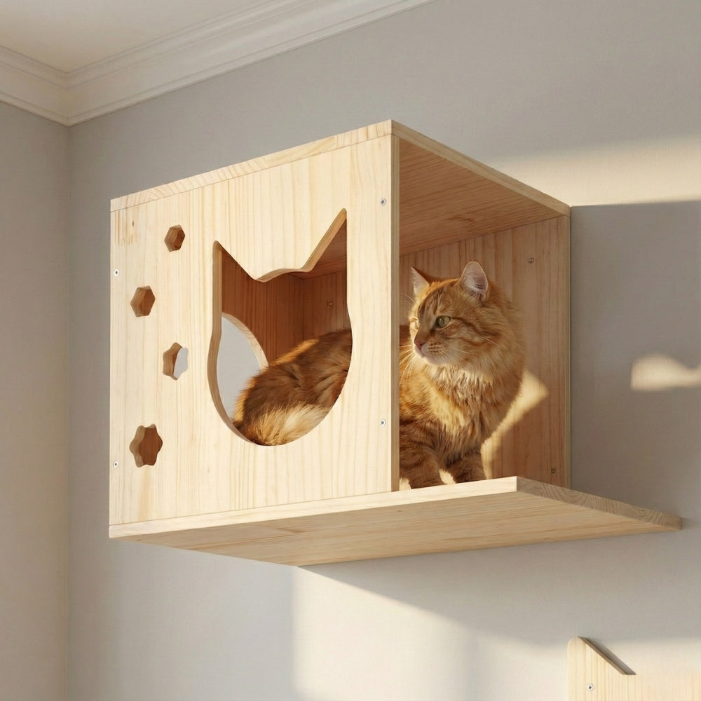 Niche murale chat en bois massif avec ouverture tête de chat et coussin intérieur.