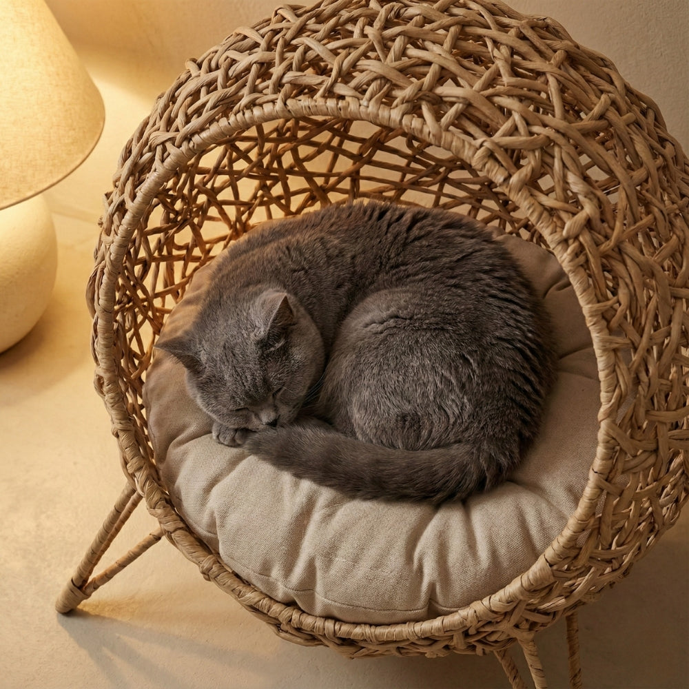 Chat dormant dans panier confort avec coussin moelleux