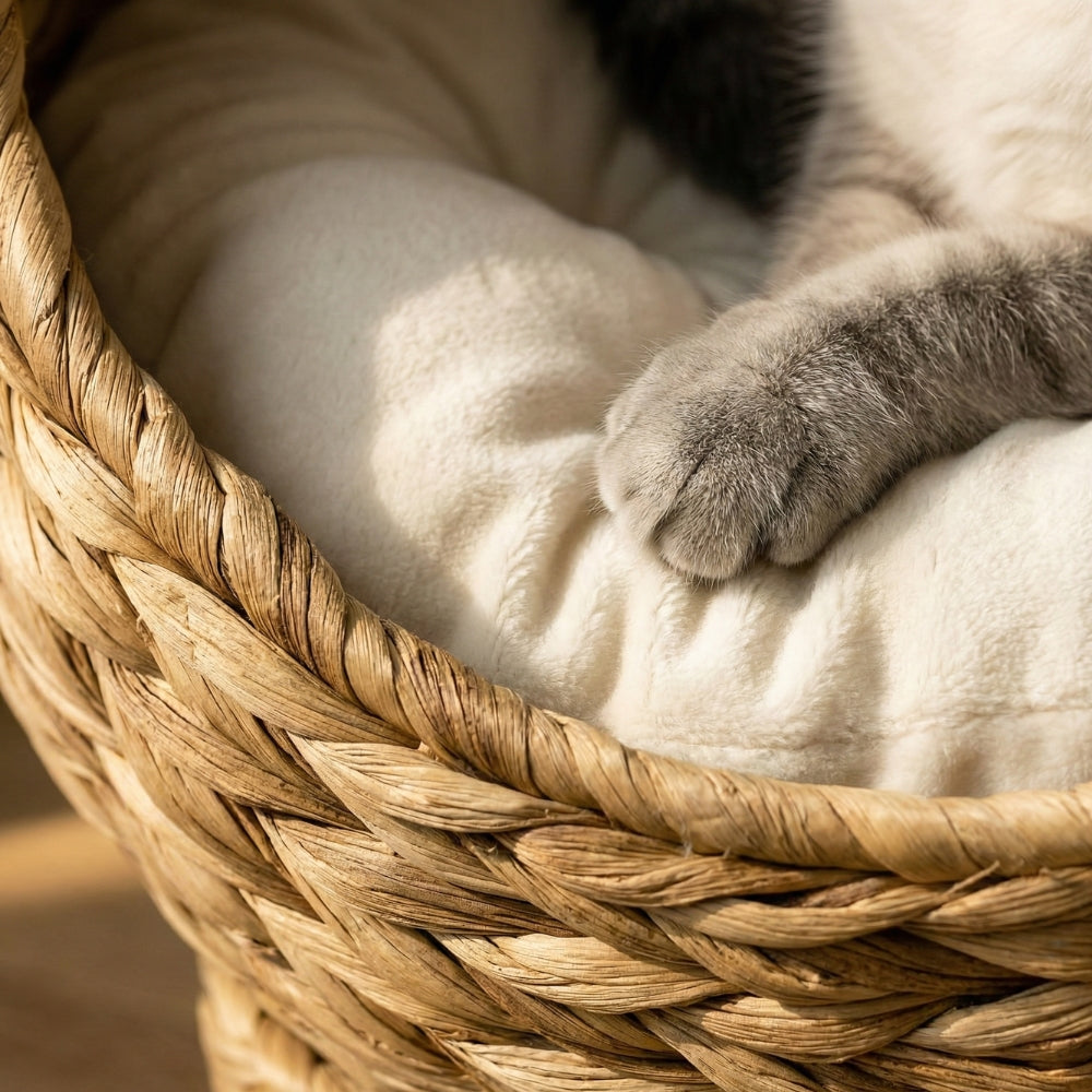 Gros plan tressage artisanal feuille de bananier et coussin crème flanelle doux.