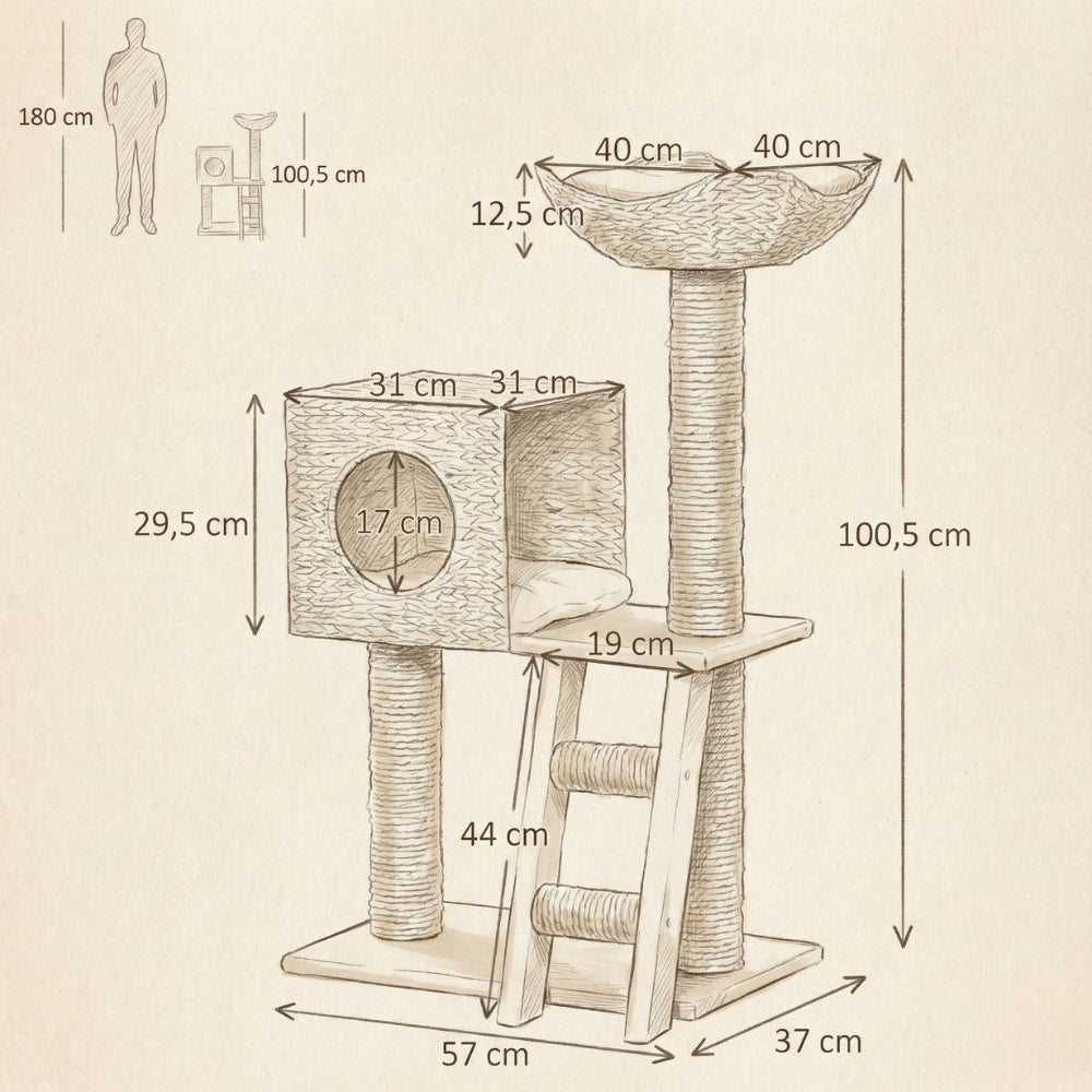 Dimensions arbre à chat Le Cabanon - Hauteur 100,5cm Largeur 57cm.
