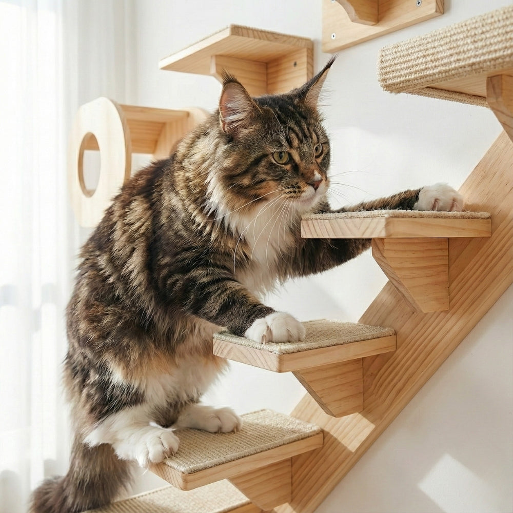 Grand chat Maine Coon montant escalier mural ergonomique bois et feutre gris.