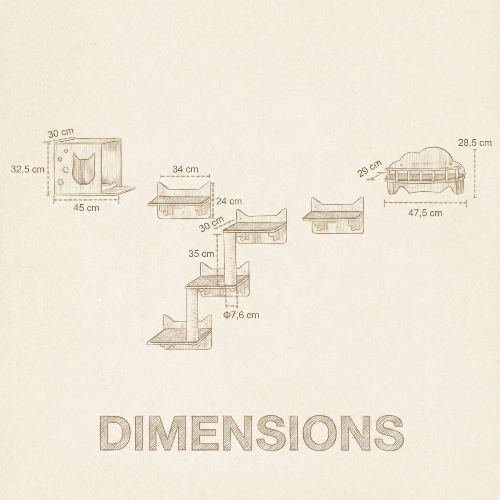 Dimensions techniques parcours mural chat L'Ascension kit 9 pièces.
