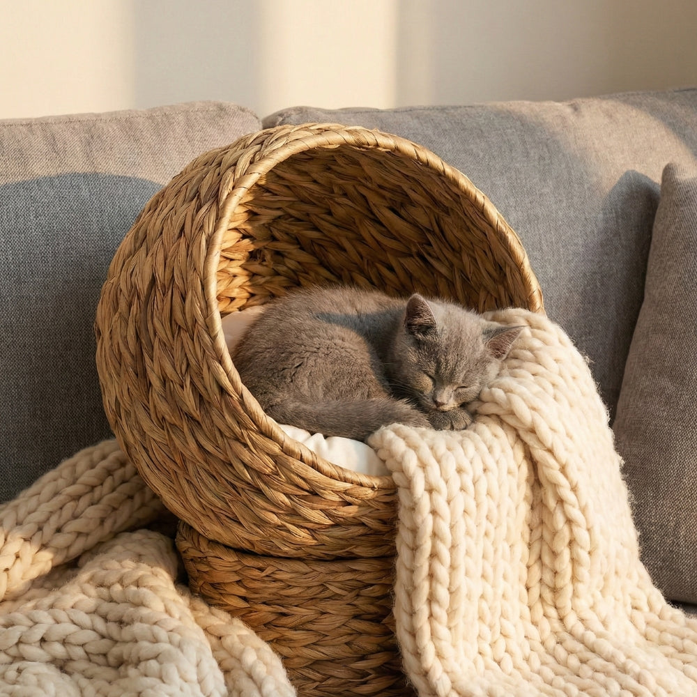 Chat dormant dans cocon sphérique surélevé stable et sécurisant.