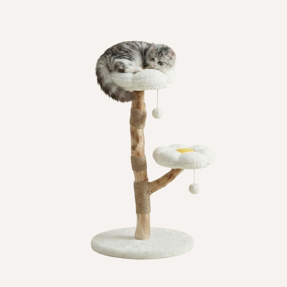 Arbre à chat fleur design en bois massif et coussins blancs - Modèle Flora