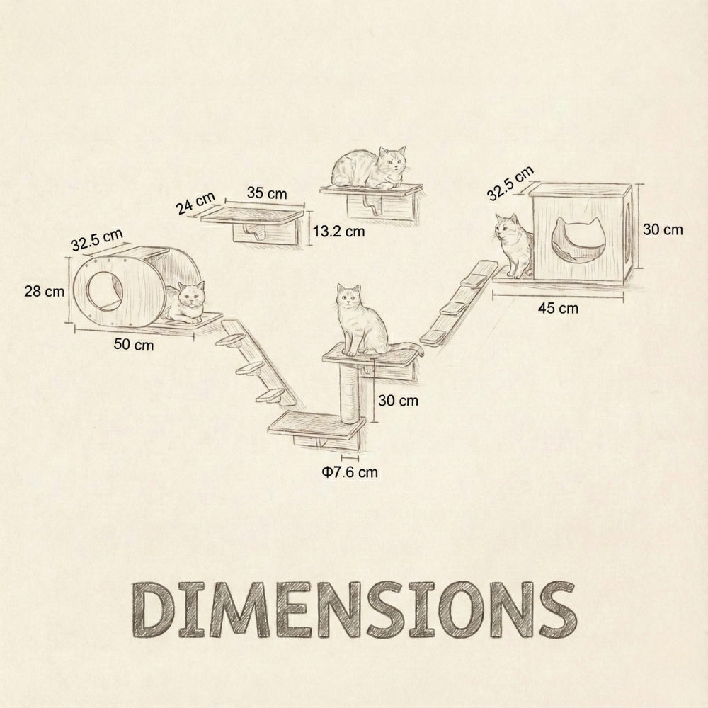 Schéma technique dimensions parcours mural chat L'Odyssée 9 éléments.